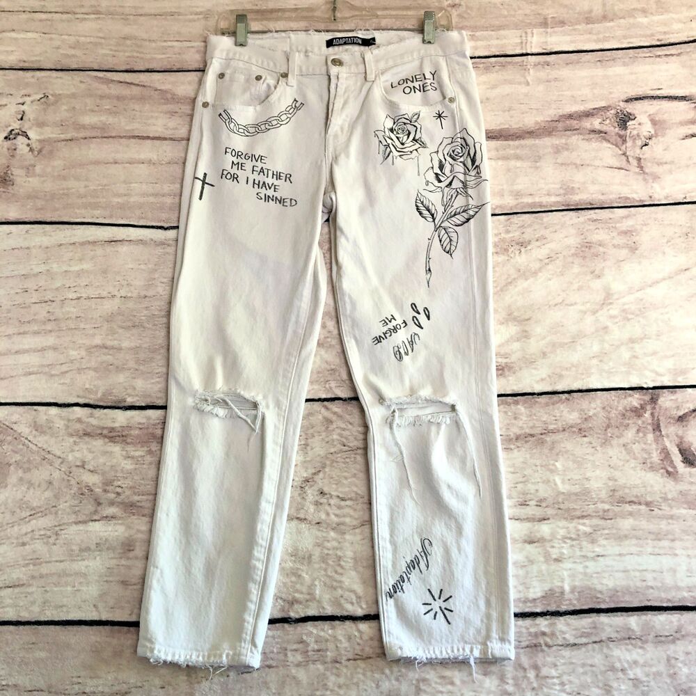 Adaptation Post LA Jeans 25 White Crop Denim Pants Button Fly Distressed Rocker